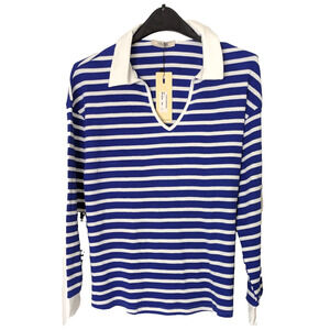 Womens Waffle Knit Long Sleeve Blue White Large Collared V Neck Pullover Shirt